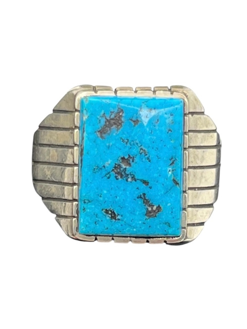 Native American style blue rectangle stone sterling silver ring w lines size 10